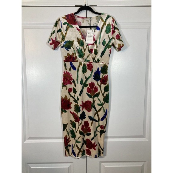 ZARA Velvet Velour Floral Midi Dress V-Neck | Size M - Picture 5 of 14